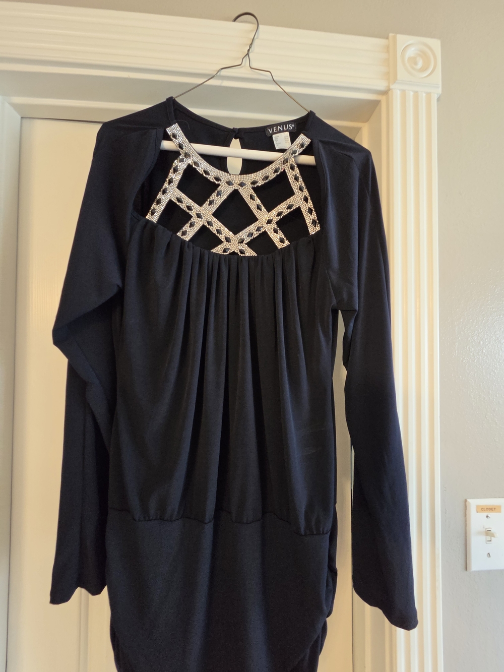 Venus Black Long-Sleeve Top with Embellished Lattice Yoke